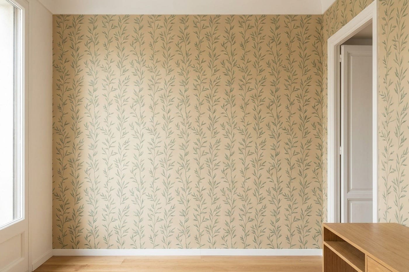 Pared empapelada con papel pintado de dibujo discreto y juntas invisibles.