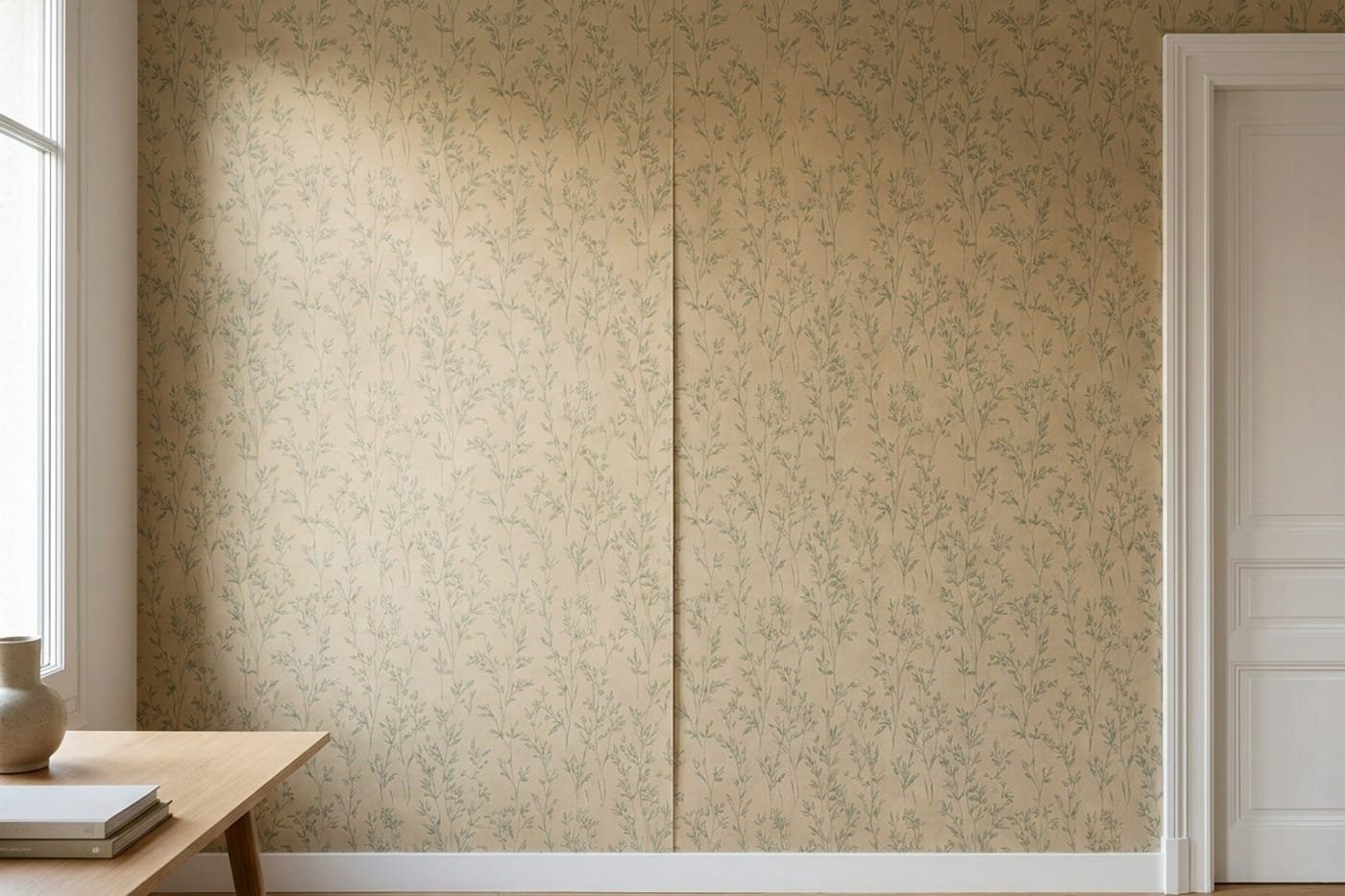 Pared empapelada con papel pintado de dibujo discreto y juntas invisibles.