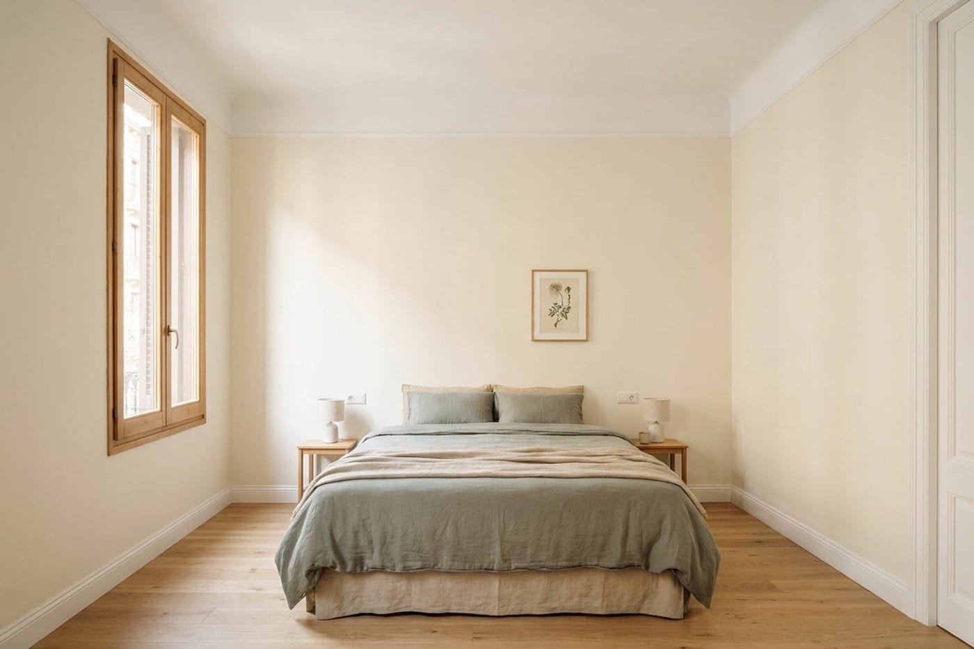 Salón de una vivienda de Barcelona con las paredes recién pintadas en un blanco cálido y luz natural entrando por el balcón.