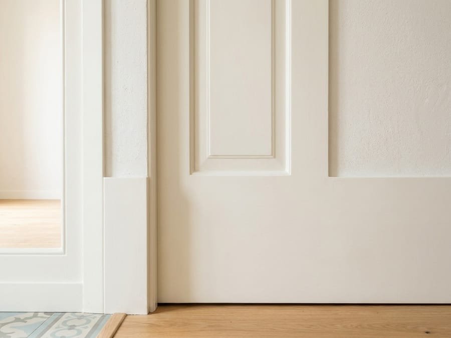 Detalle de una puerta interior y su marco recién esmaltados en blanco.