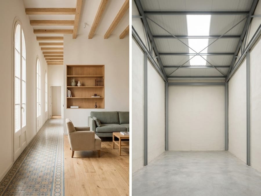 Interior de un almacén ordenado con paredes claras y estructura metálica pintada.