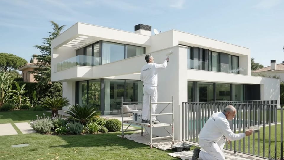 Dos pintores trabajando en el exterior de una vivienda: uno sobre una torre de andamio aplicando pintura en la fachada y otro esmaltando la barandilla, con lonas protegiendo el césped.